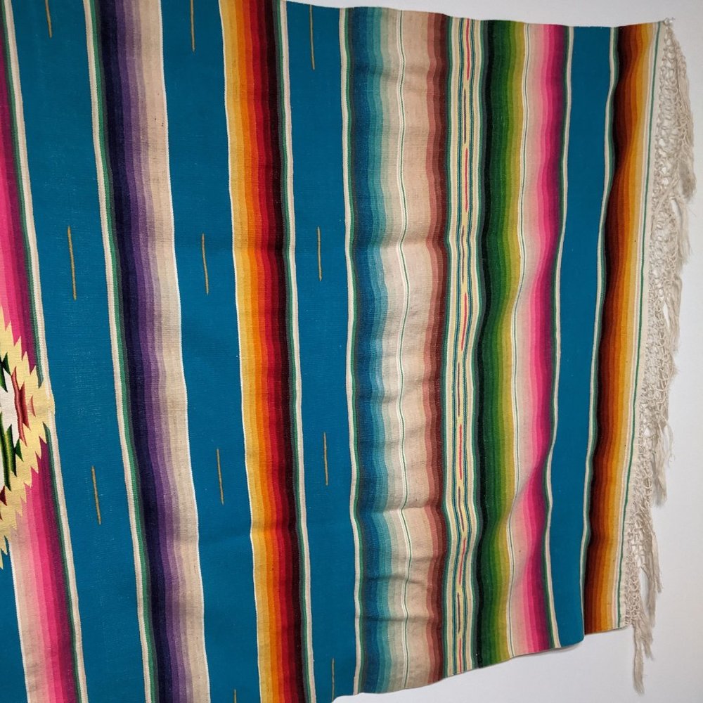 Vtg Mexican Saltillo Serape Blanket Handwoven - Picture 4 of 9